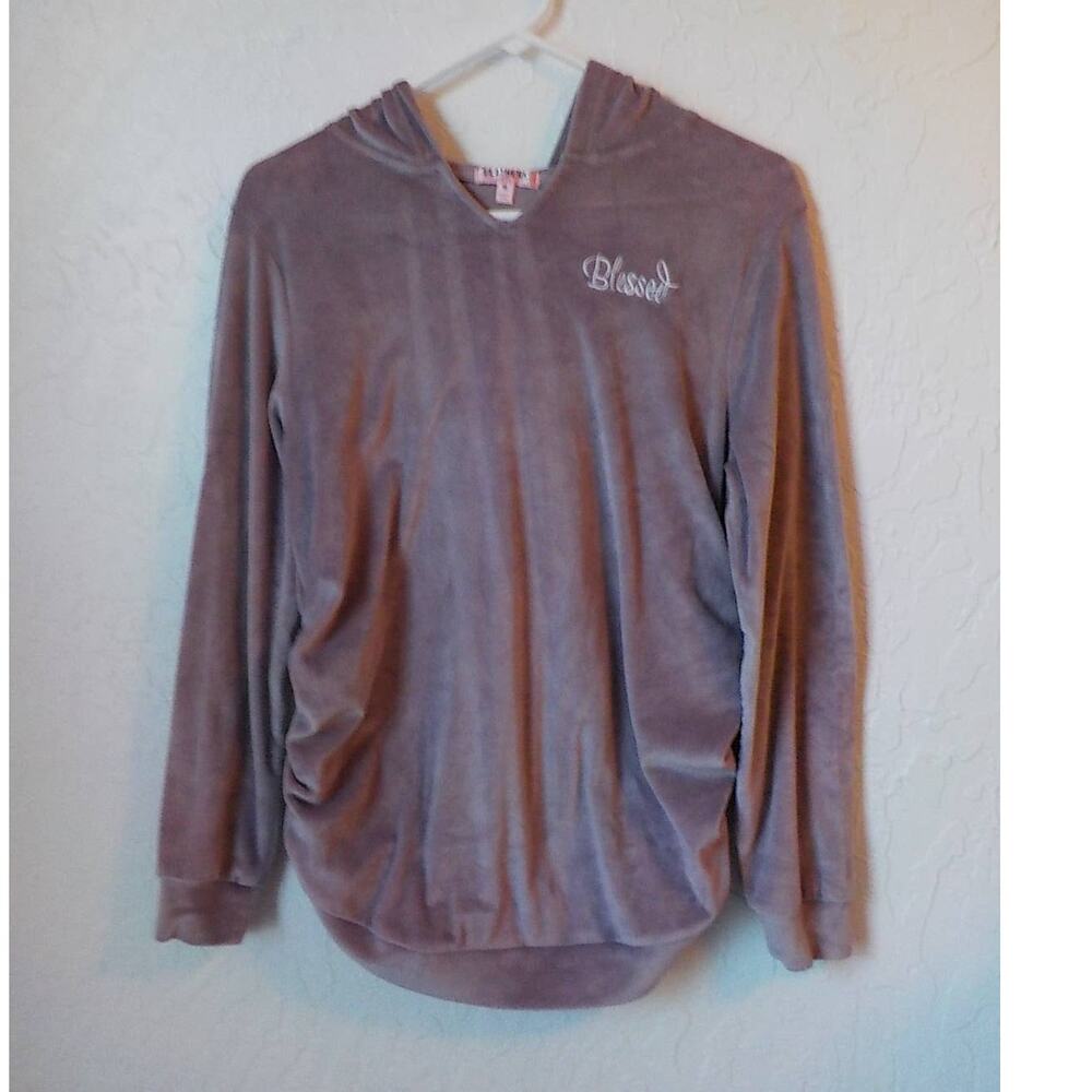 Feathers Maternity Pink Velour Hoodie Women size Medium Ruched Sides "Blessed"